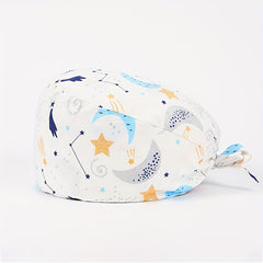 Cartoon Print Nurse Cap Scrub Cap with Button Elastic Adjustable Work Hat