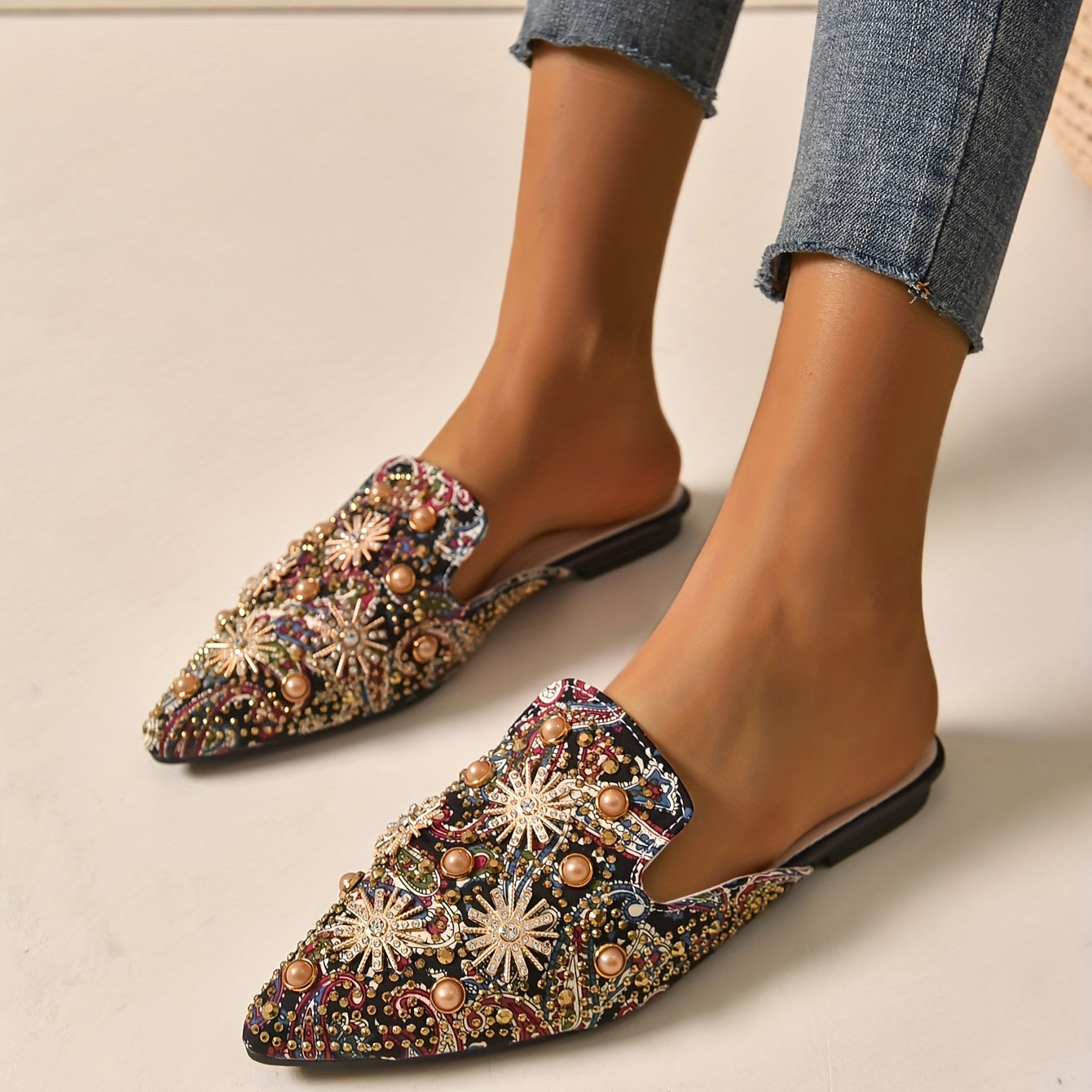 Women's Rhinestone Flat Mules Pointed Toe Slip On Shoes
