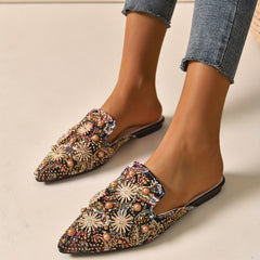 Women's Rhinestone Flat Mules Pointed Toe Slip On Shoes