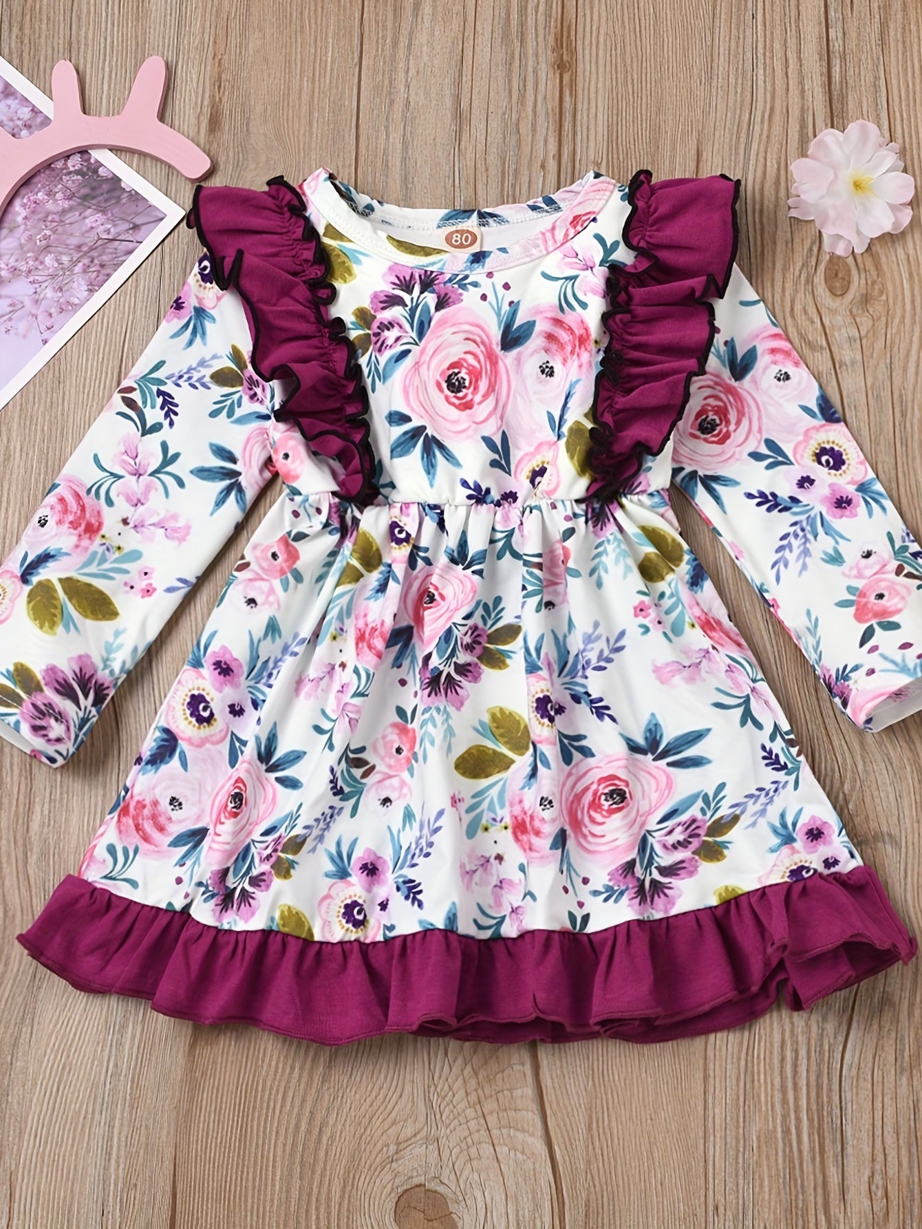 Baby Girls Princess Floral Ruffles Dress Long Sleeve Casual Kids Dress