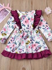 Baby Girls Princess Floral Ruffles Dress Long Sleeve Casual Kids Dress