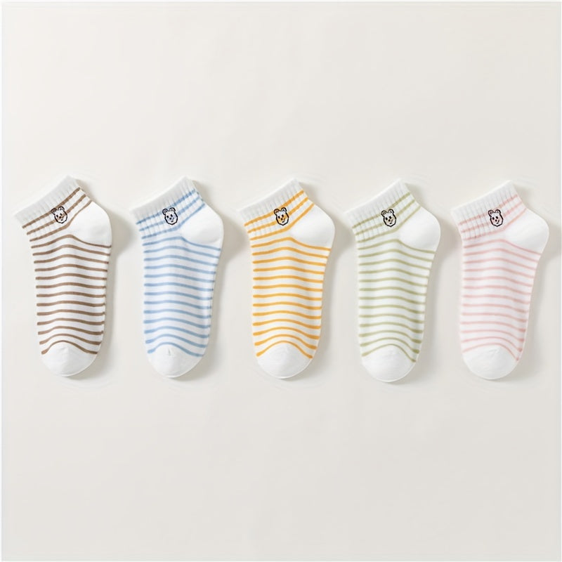 5 Pairs Cartoon Bear & Striped Short Socks Women's Stockings