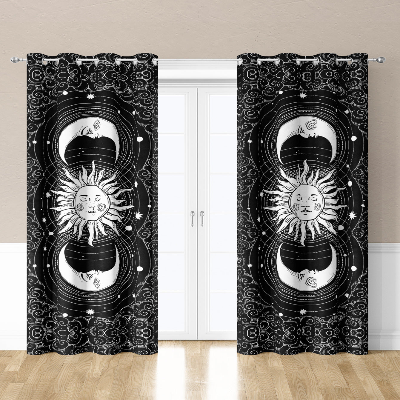 2pcs Sun Moon Print Curtain Window Curtain For Home Decoration