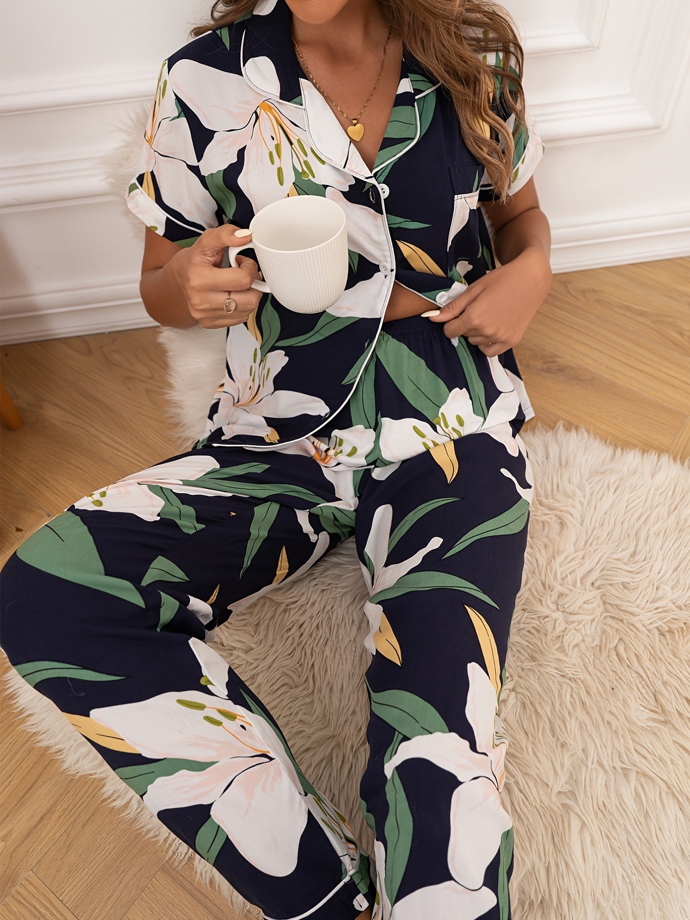 Floral Satin Pajamas Set Long Sleeve Nightwear Pants