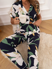 Floral Satin Pajamas Set Long Sleeve Nightwear Pants