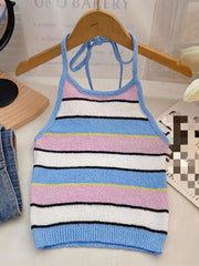 Colorblock Stripe Print Halter Top Sleeveless Tie Back Summer Casual Top