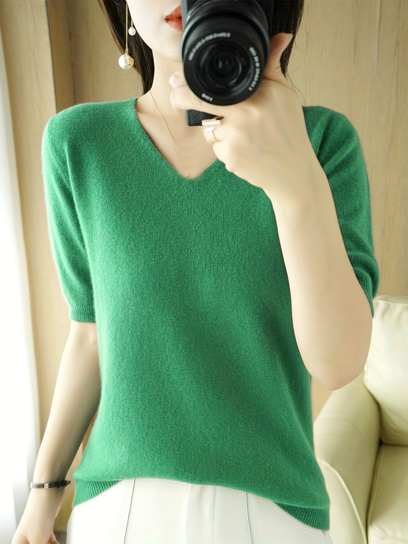 Half Sleeve V Neck Sweater Knitted Casual Top Women's Clothing