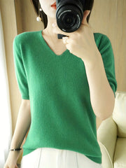 Half Sleeve V Neck Sweater Knitted Casual Top Women's Clothing