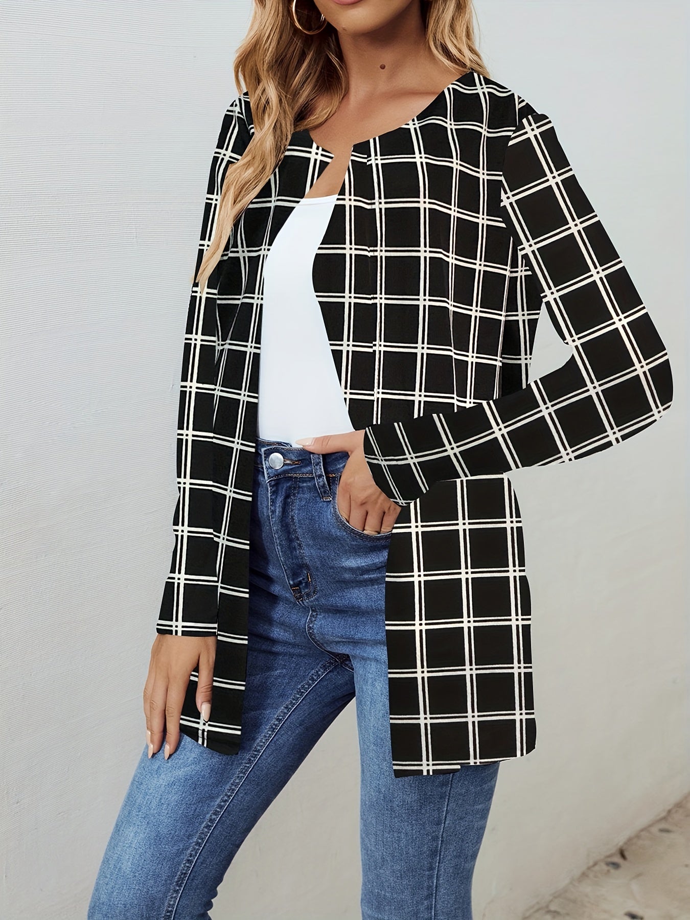 Windowpane Print Open Front Jacket Casual Long Sleeve