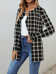 Windowpane Print Open Front Jacket Casual Long Sleeve