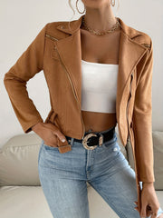 Solid Zip Up Biker Jacket Casual Lapel Long Sleeve Crop Jacket