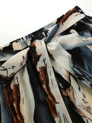 Marble Print Wide Leg Pants with Belt for Women