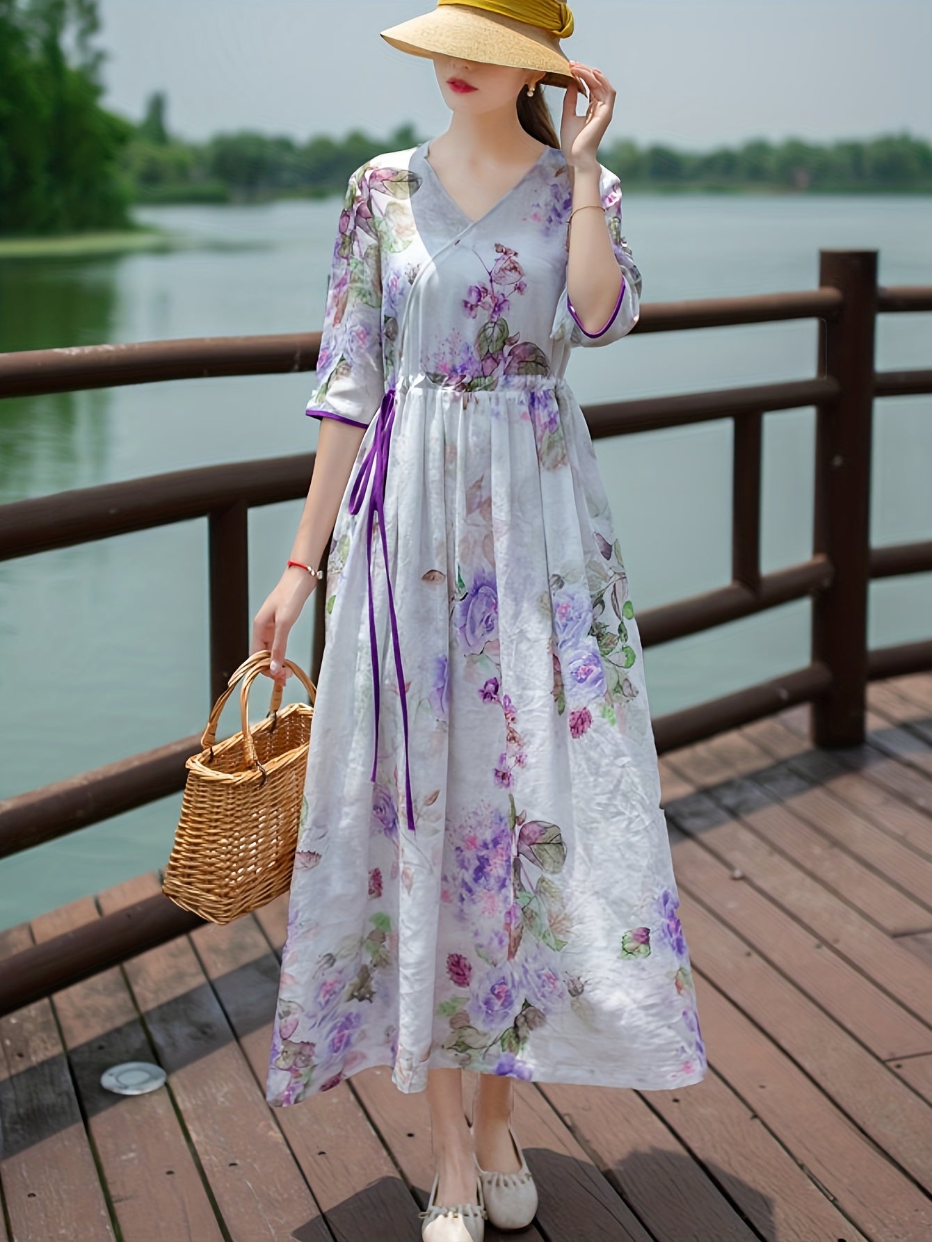 Vintage Floral Print Ruched Dress Tie Waist Surplice Neck A Line