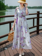 Vintage Floral Print Ruched Dress Tie Waist Surplice Neck A Line