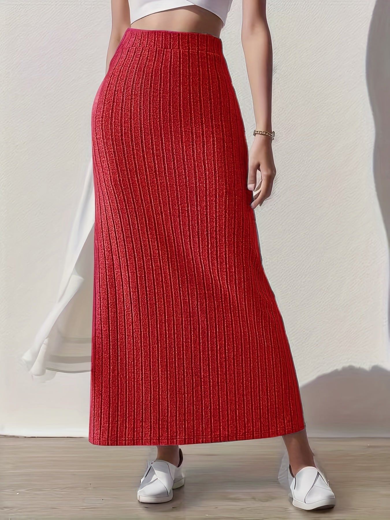 Ribbed Split Skirt High Waist for Spring & Summer Women's Clothing