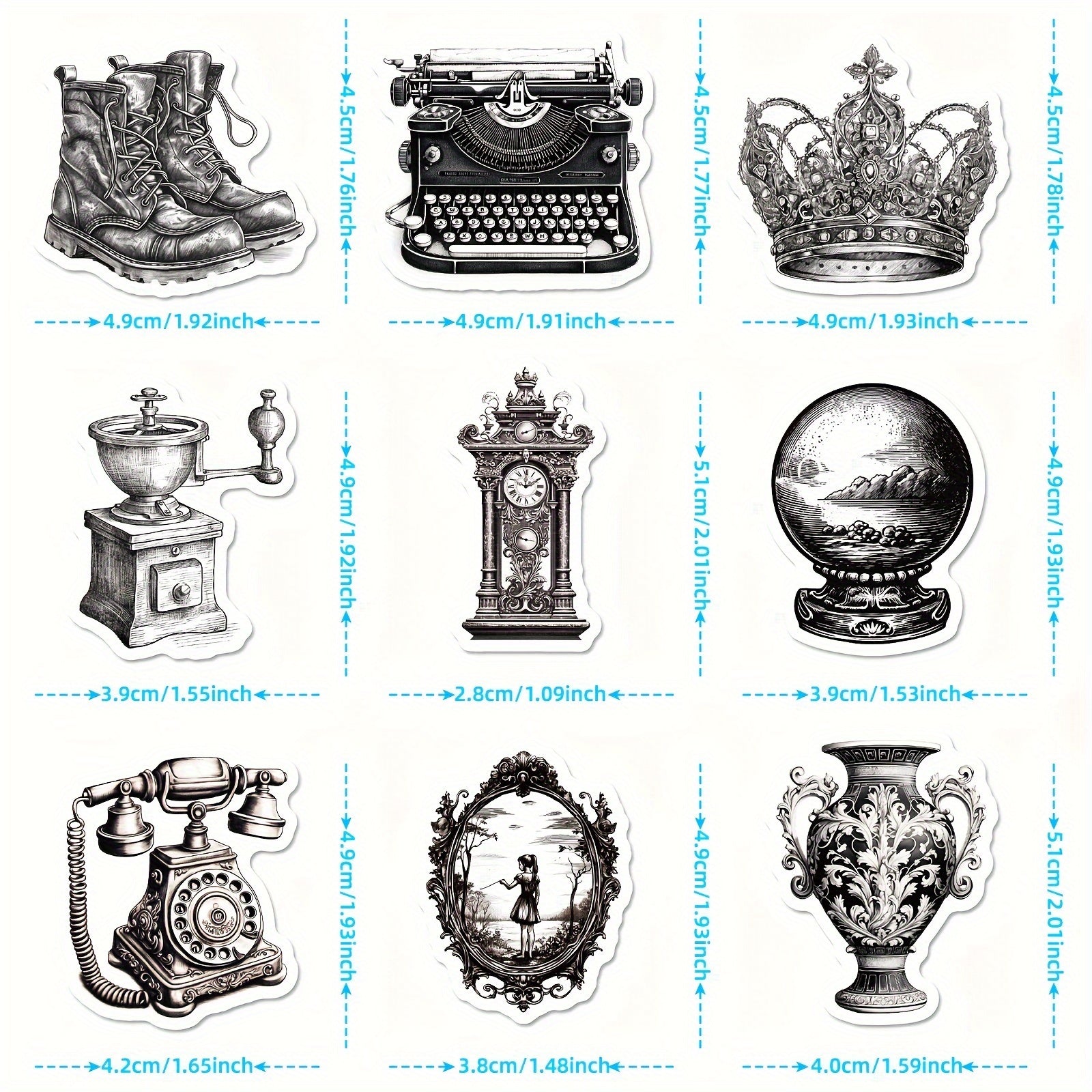 50pcs Medieval Retro Style Waterproof Stickers Mixed C