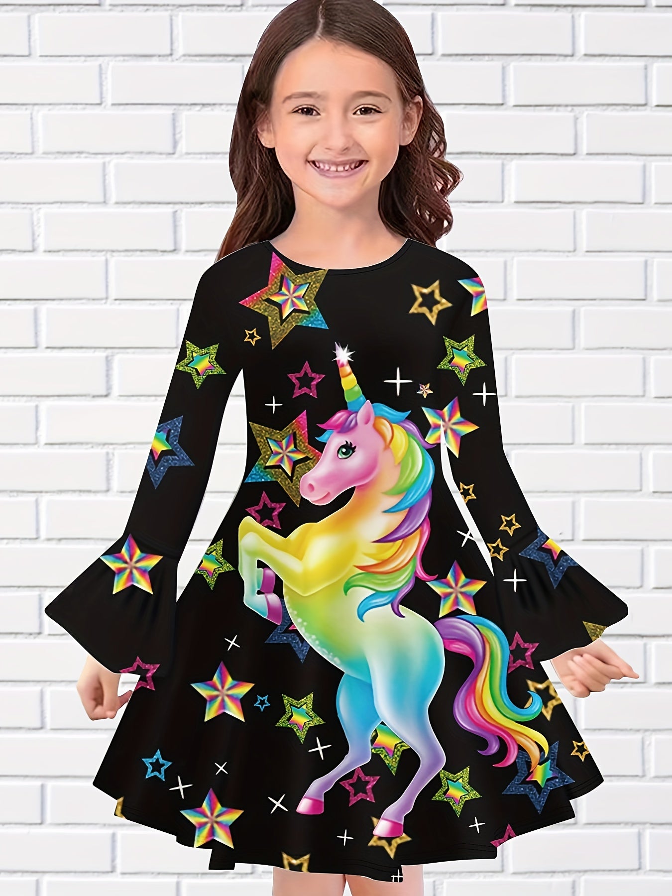 Cartoon Kitty & Rainbow Long Sleeve Dress for Girls