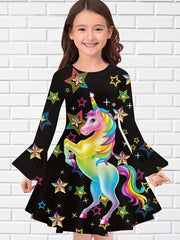 Cartoon Kitty & Rainbow Long Sleeve Dress for Girls