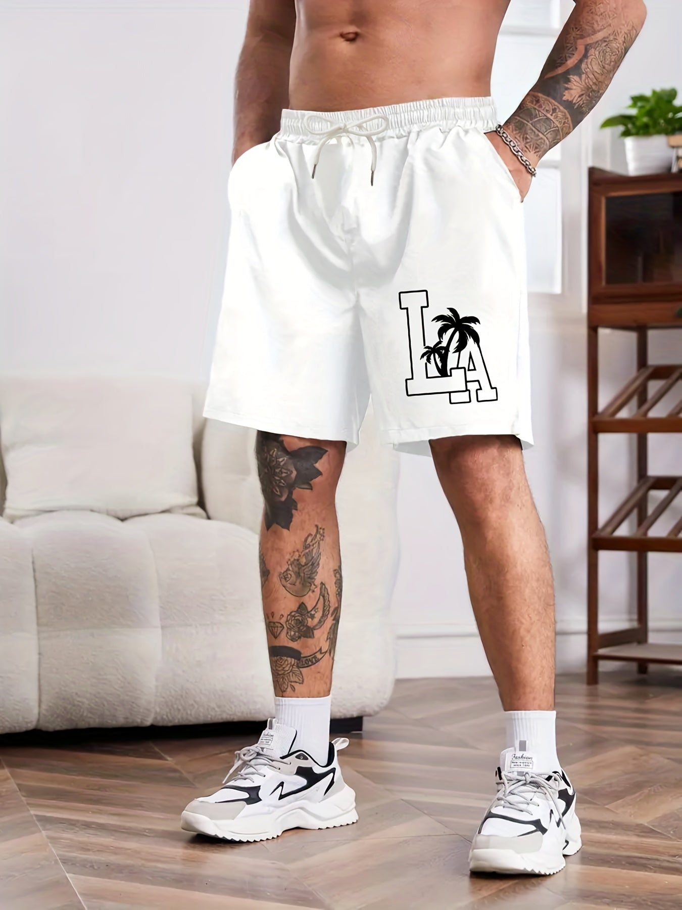 Letter & Tree Print Men's Comfy Shorts Summer Drawstring Casual Loose Shorts