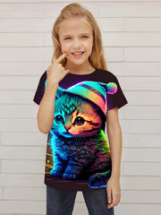 3D Dreamy Kitty Graphic Short Sleeve T-shirt For Girls