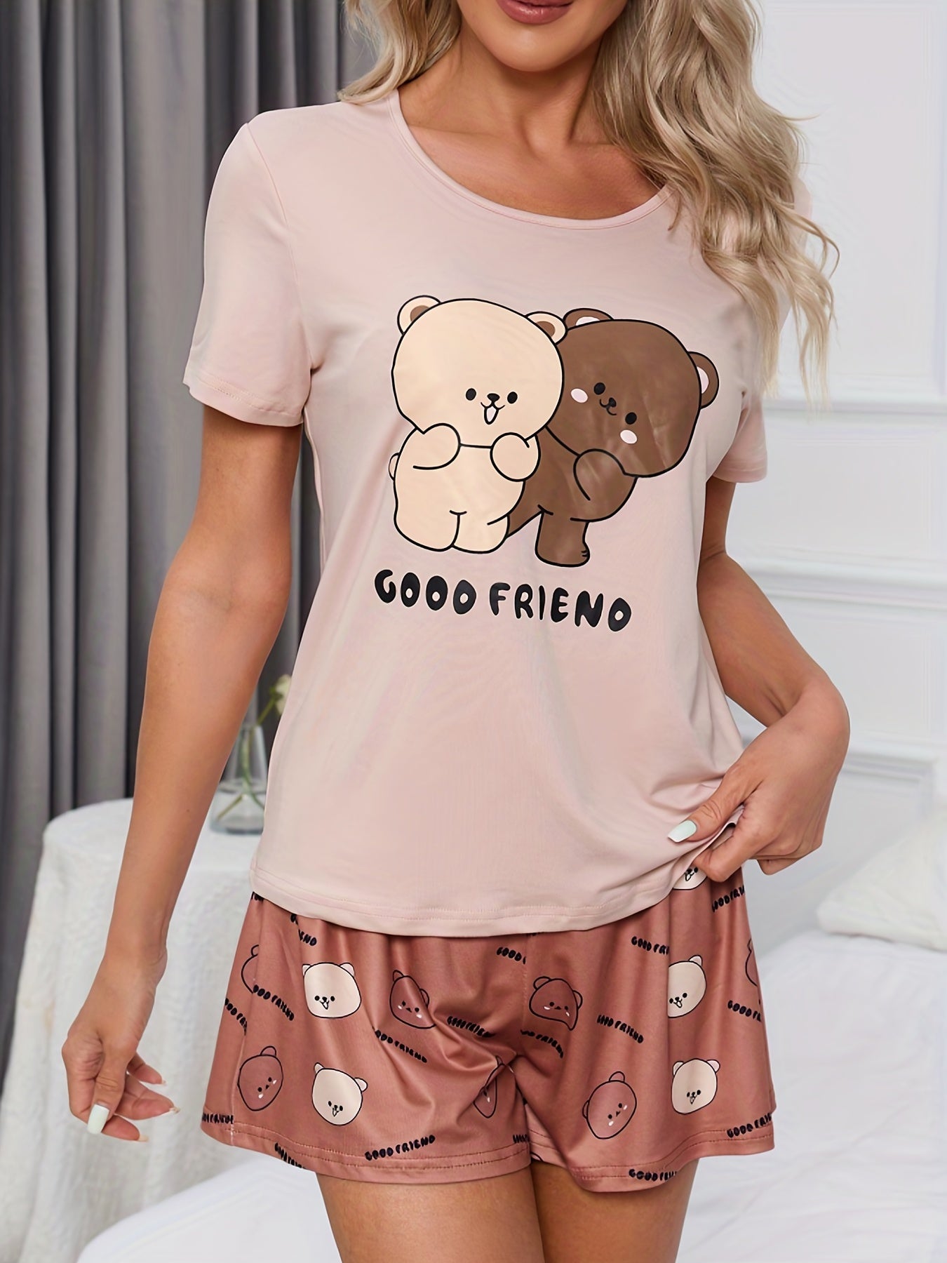 Bear Print Lounge Set Short Sleeve Top & Elastic Shorts