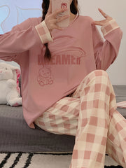 Bunny Print Pajama Set Long Sleeve Top & Plaid Pants Women's Sleepwear
