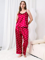 Heart Print Round Neck Satin Cami Top & Pants Set