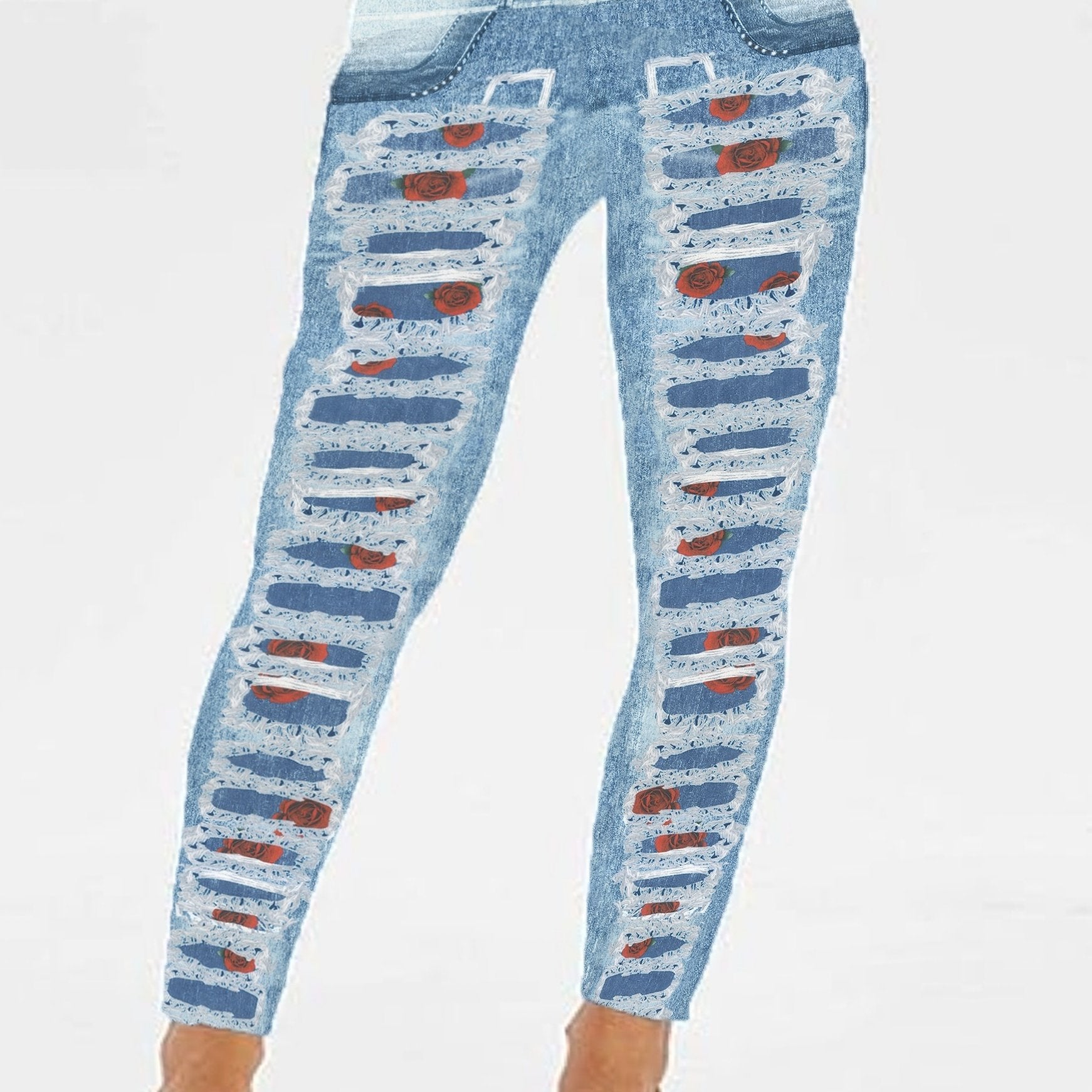 Ripped Denim Print High Rise Stretch Leggings