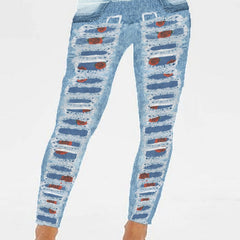 Ripped Denim Print High Rise Stretch Leggings
