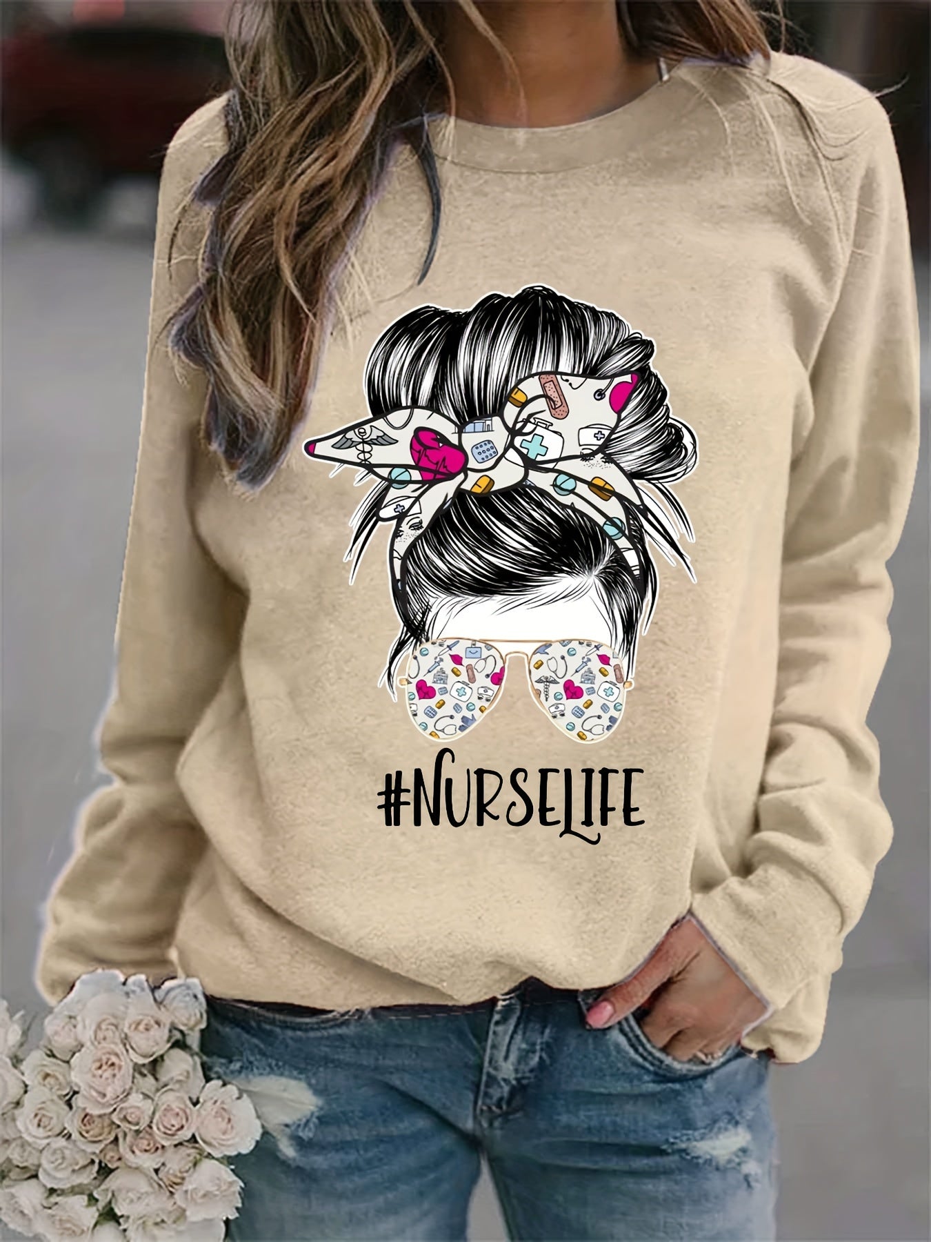 Nurse Life Print Loose Sweatshirt Casual Long Sleeve Crew Neck