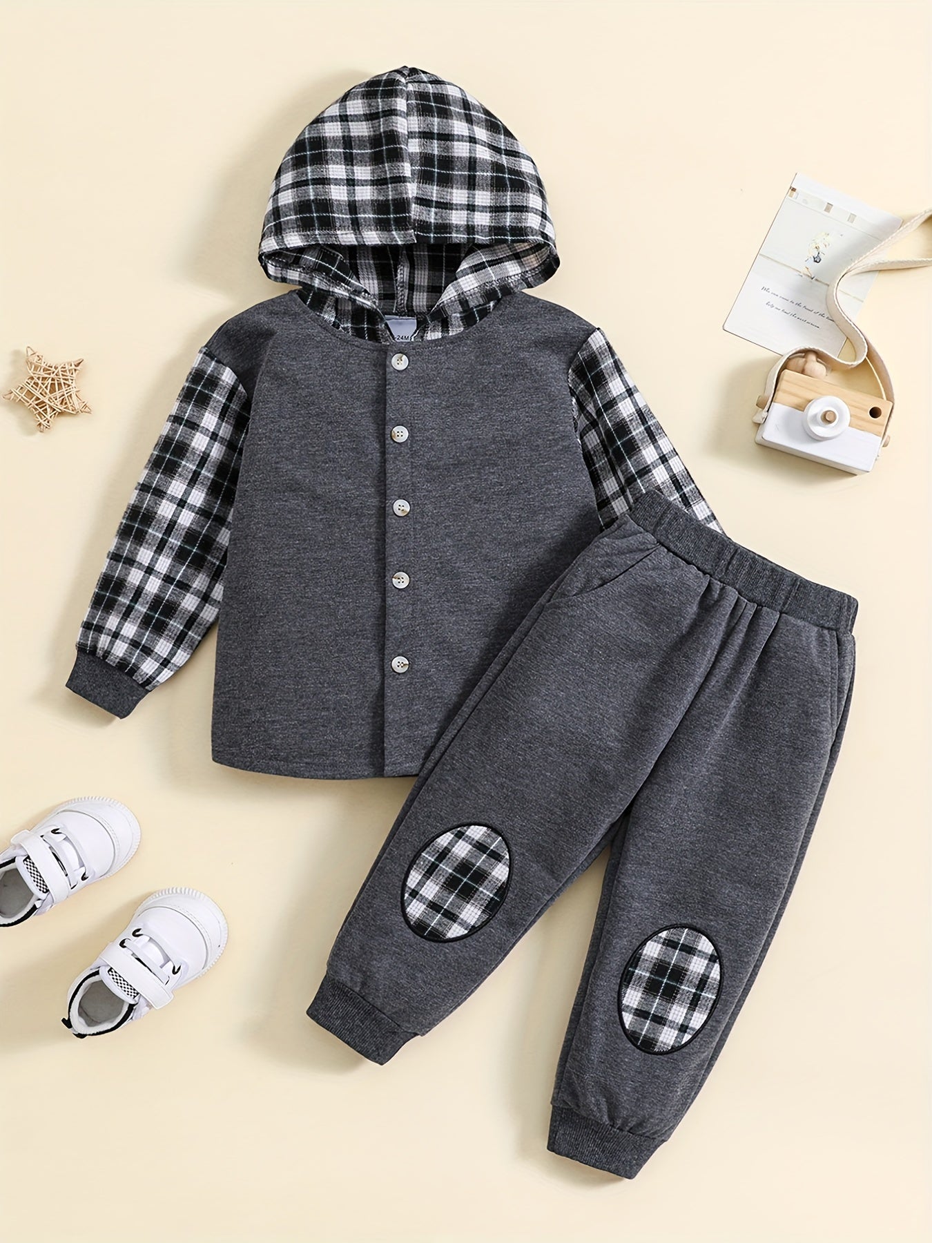 Toddler Boy's Hooded Shirt & Sweatpants Set Plaid Casual Outfits