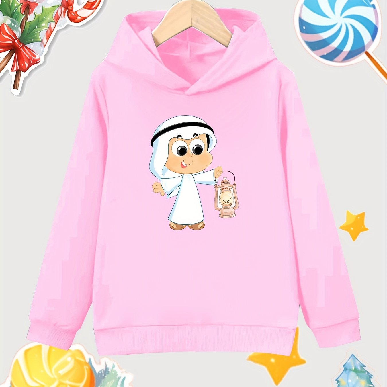 Cartoon Boy Pattern Girl's Cotton Hoodie Active Hooded Sweatshirt