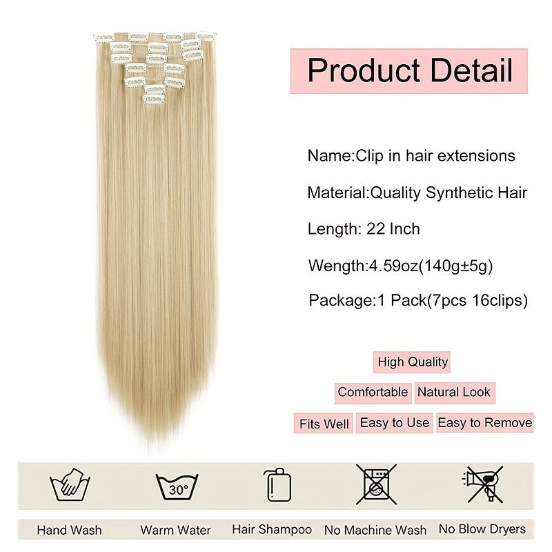 7pcs Straight Hair Extensions Full Head Clip Ins Double Weft Thick Hair 55-88 Cm