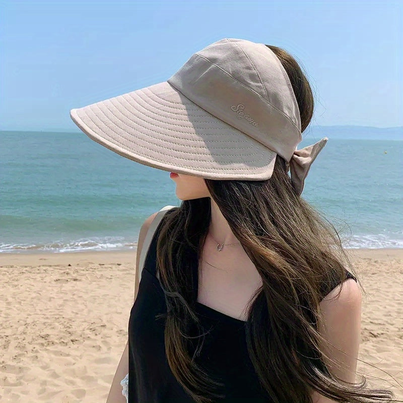 Solid Ponytail Visor Hat Wide Brim UV Protection Sun Hat