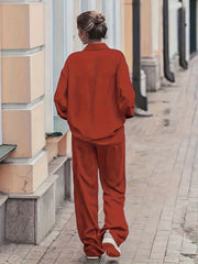 Women's Plus Size Solid Button Up Shirt & Loose Pants 2 Piece Set