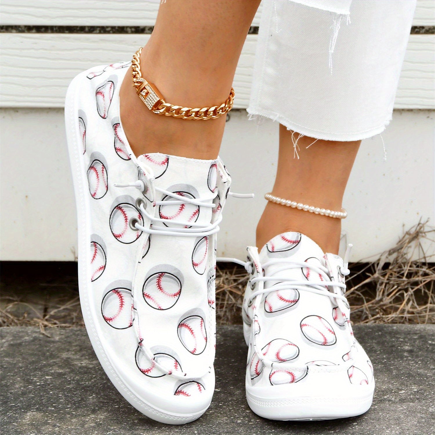 Baseball Print Canvas Shoes Women's Casual Lace Up Sneakers