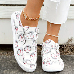 Baseball Print Canvas Shoes Women's Casual Lace Up Sneakers