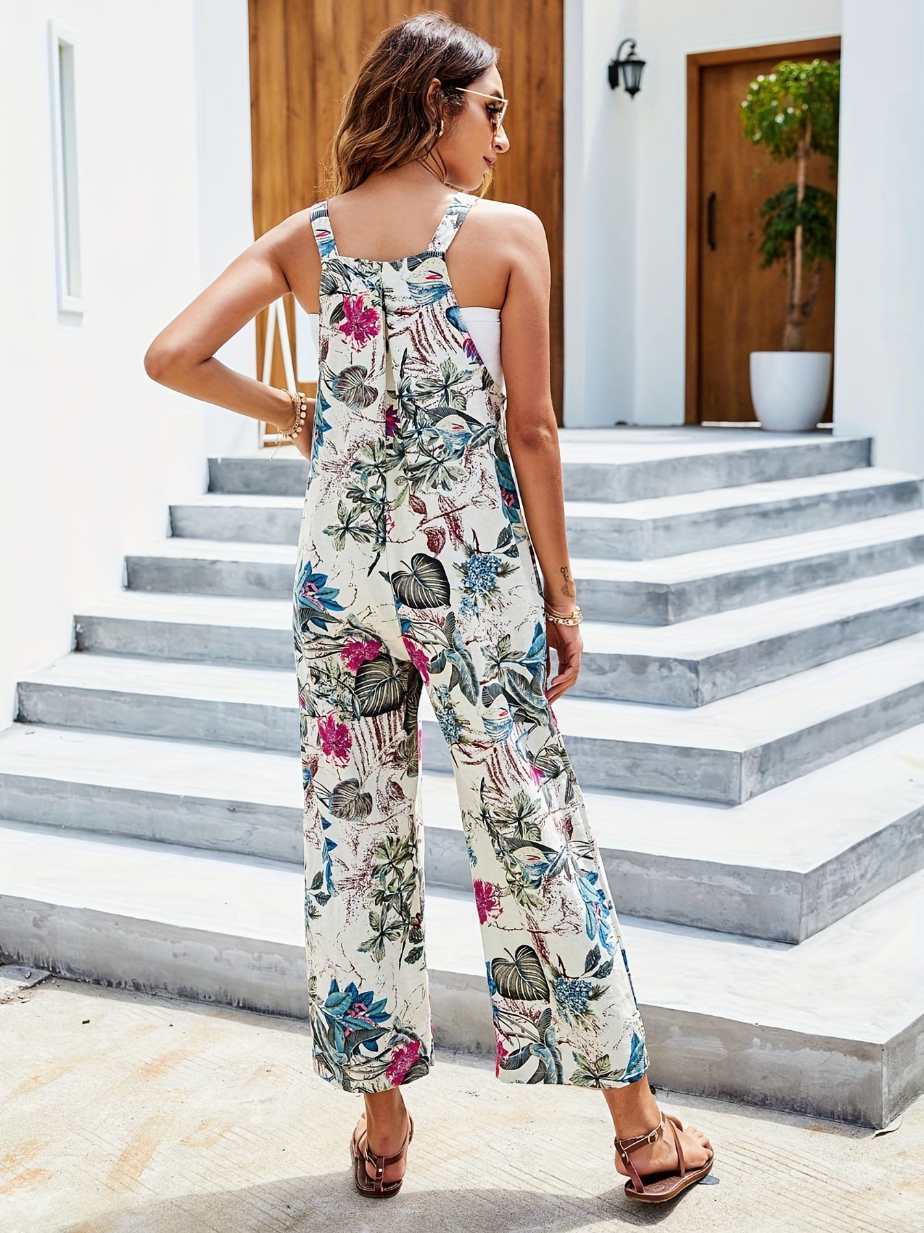 Floral Print Wide Leg Jumpsuit With Pockets
