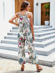Floral Print Wide Leg Jumpsuit With Pockets