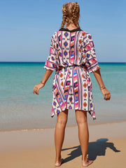Geometric Print Cover Up Shirt Loose Fit V Neck Split Beachwear Kimono