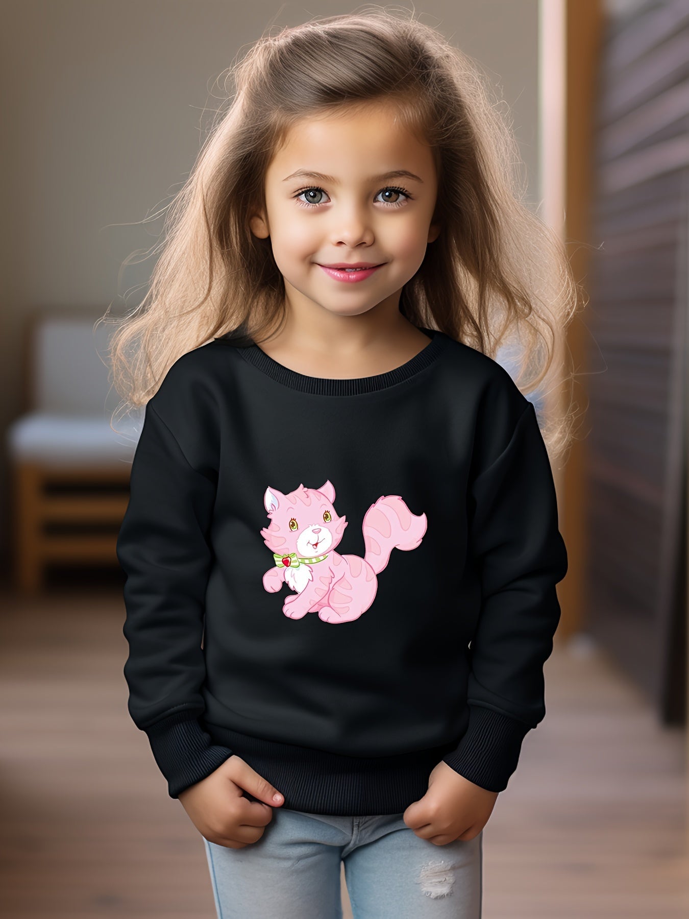 Girls Cat Pattern Crew Neck Sweatshirt for Spring Fall