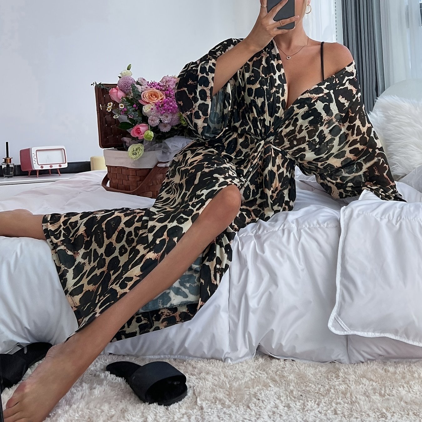 Leopard Print Flare Sleeve Mesh Belted Sleep Robe