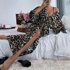 Leopard Print Flare Sleeve Mesh Belted Sleep Robe