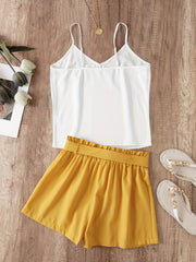 Solid V Neck Cami Top & Belted Loose Shorts Set