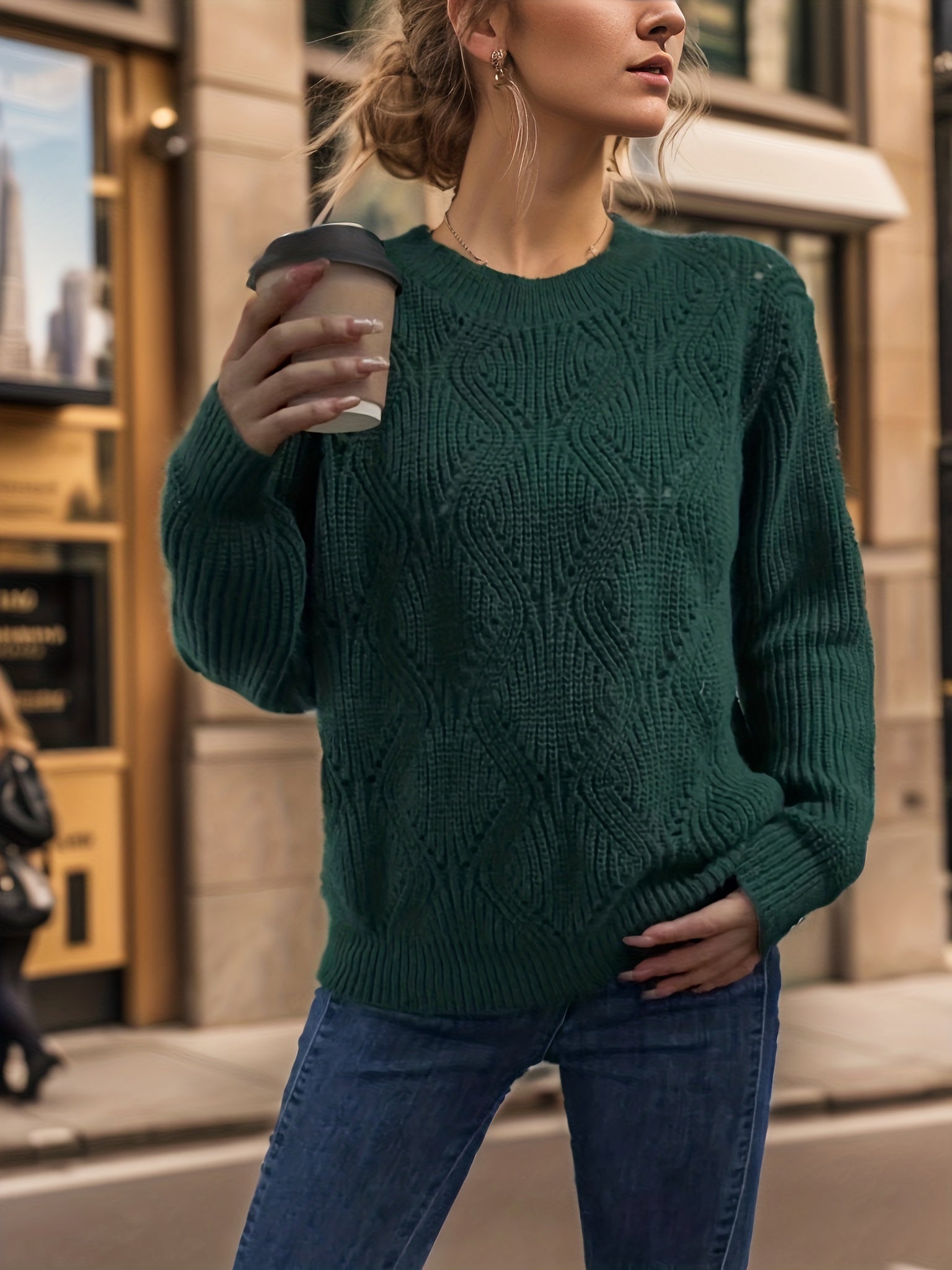Solid Knit Long Sleeve Crew Neck Sweater for Women