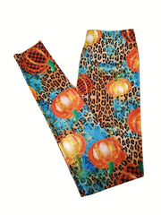 Pumpkin & Leopard Print Skinny Leggings Women's Clothing