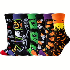 6 Pairs Halloween Skull & Pumpkin Print Funny Mid Tube Socks Women's Stockings