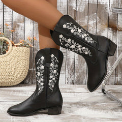 Women's Embroidered Boots Slip On Chunky Heel Shoes