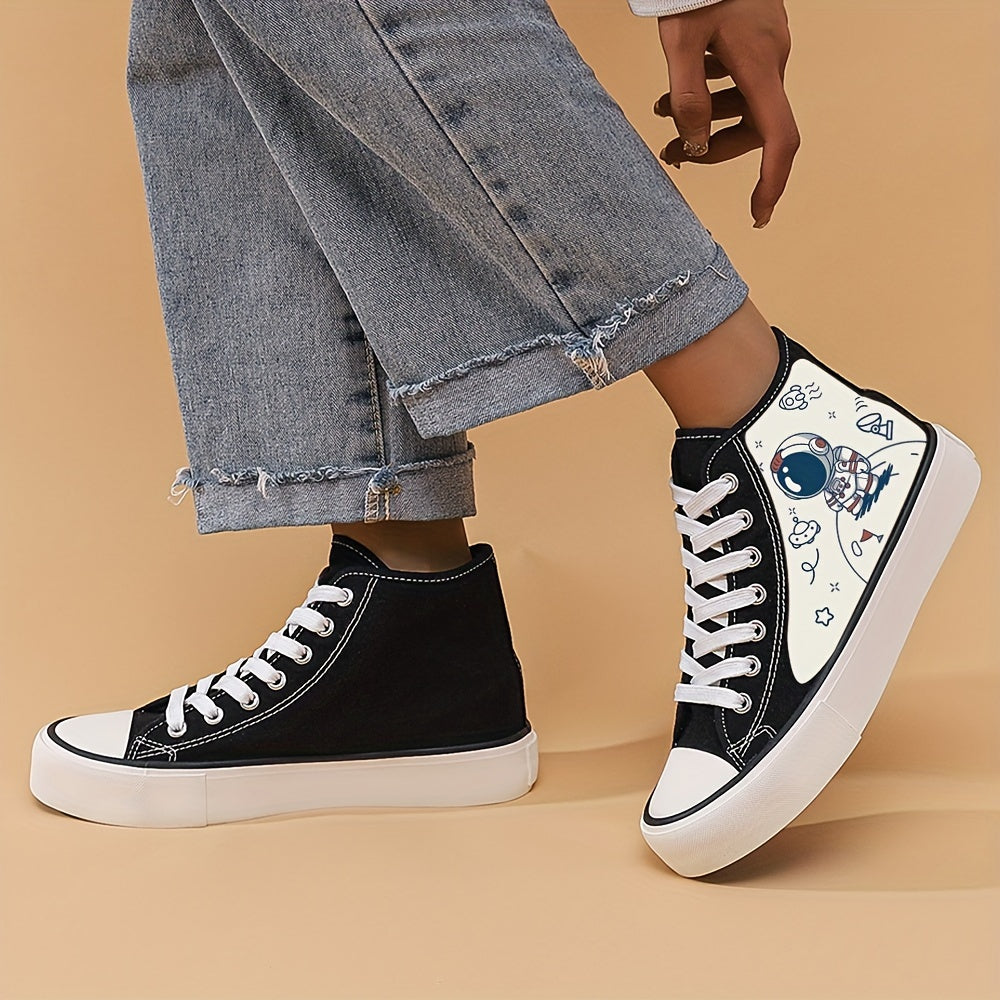 Cartoon Astronaut Print High Top Canvas Sneakers
