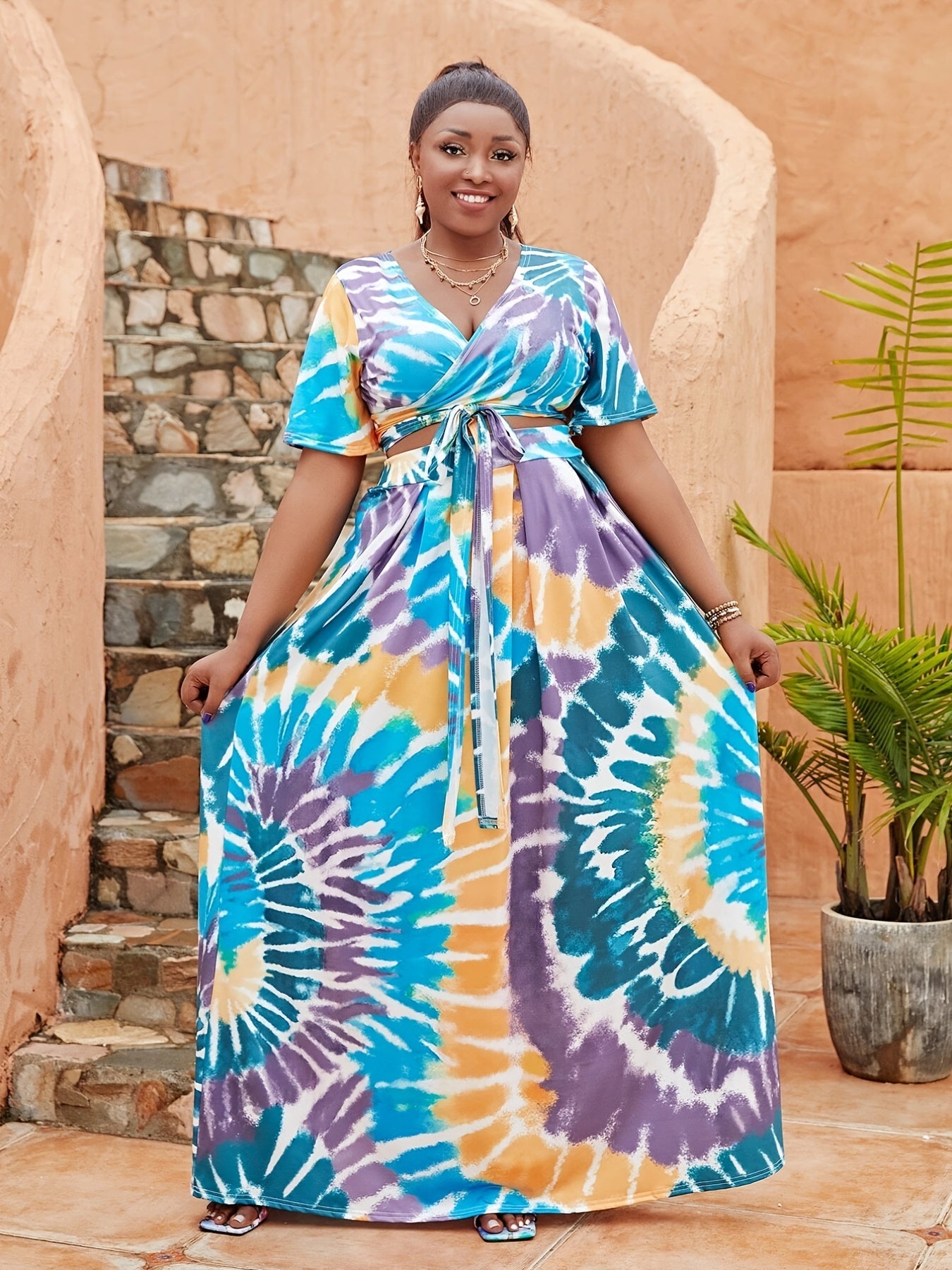 Tie Dye Print Short Sleeve Crop Top & Maxi Skirt Set Plus Size
